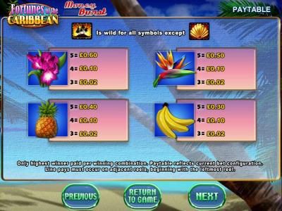 Slot Game Symbols Paytable continued - Only highest winner paid per winning combination. Paytable reflects current bet configuration. Line pays must occur on adjacent reels, beginning with the leftmost reel.