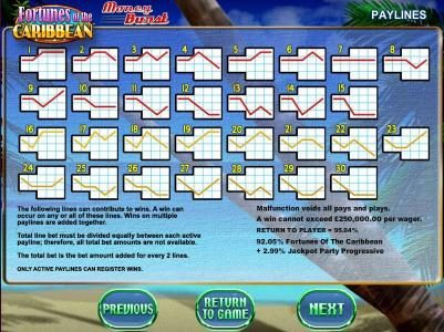 Payline diagrams 1 to 30 and general game rules.