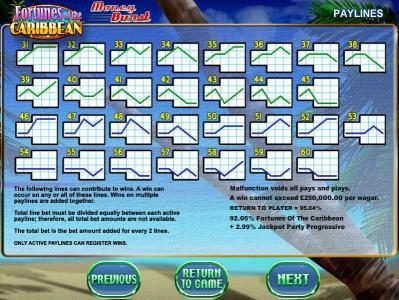 Payline diagrams 31 to 60 and general game rules.