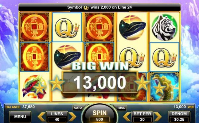 Multiple winning paylines triggers a 13,000 coin big win!