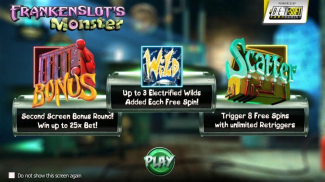 Game features include a second screen bonus round, win up to 25x bet! up to 3 electrified wilds added each free spin! Scatters trigger 8 free spins with unlimited retriggers!