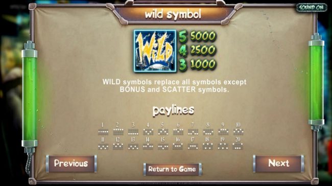 Wild symbols replace all symbols except bonus and scatter symbols. A WILD five of a kind pays 5000. Payline diagrams 1 to 20
