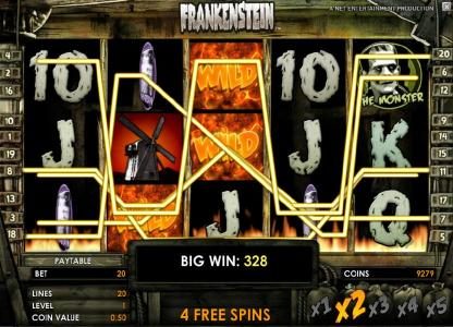 328 coin big win triggered by multiple winning palines during the free spins bonus game