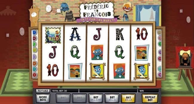 An fine art themed main game board featuring five reels and 20 paylines with a $20,000 max payout