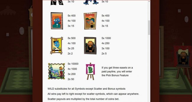 High value slot game symbols paytable feating fine art themed icons.
