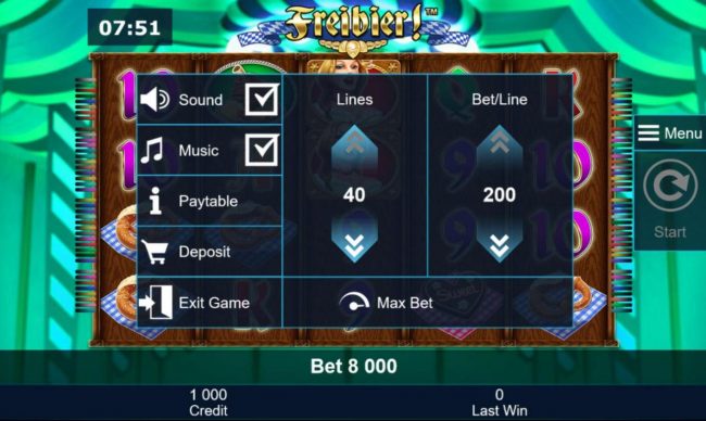 Lines and Bet per lines Menu