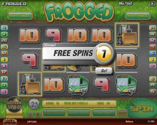 Three or more bulldozer icons anywhere on screen awards 7 free spins.