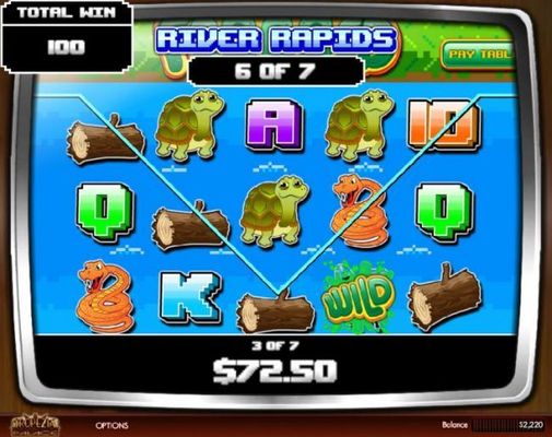 Three or more bulldozer icons on screen during the free spins feature triggers the Rapid Rivers Round with an additional 7 free spins.