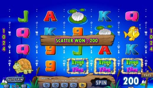 three scatter symbols triggers a 200 coin jackpot and free games