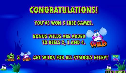 5 free games awarded, bonus wilds are added to reels 2, 3 and 4