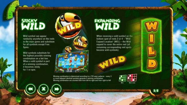 Sticky Wild - Wild symbol can appear randomly anywhere on the reels in the main game and substitutes for all symbols except scatter. Expanding Wild - when receiveing a wild symbol on the bottom spot of reels 2 or 4, the wild expands to cover the entire re