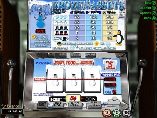 A winter themed main game board featuring three reels and 1 payline with a $15,000 max payout