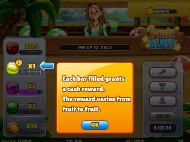 Each bar filled grants a cash reward. The reward varies from fruit to fruit.