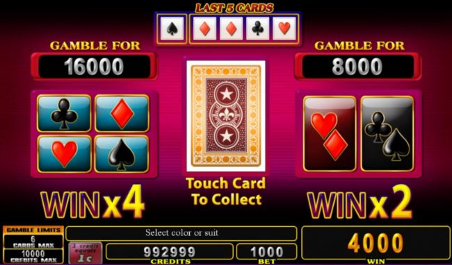 Gamble Feature - To gamble any win press Gamble then select Red or Black or Suit