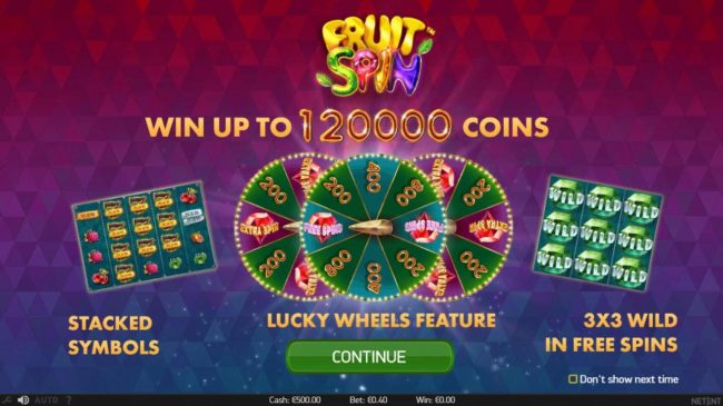 Game features include: Stacked Symbols, Lucky Wheel Feature, 3x3 Wild in Free Spins and Win up to 120,000 coins!