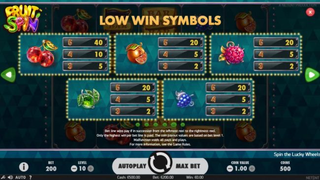 Low value game symbols paytable.