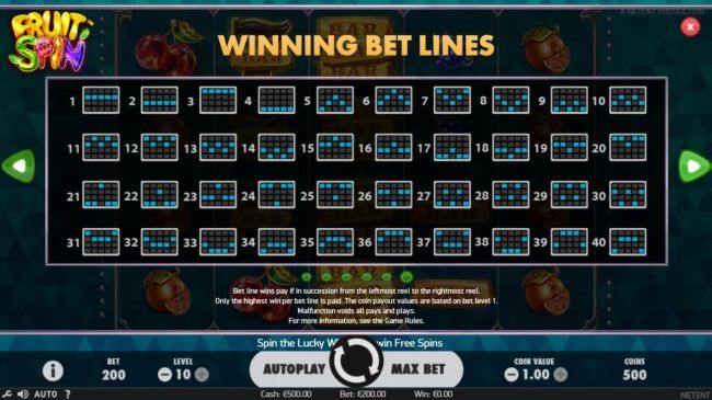 Payline Diagrams 1-40. Bet line wins pay if in succession from the leftmost reel to the rightmost reel. Only highest win per bet line is paid.