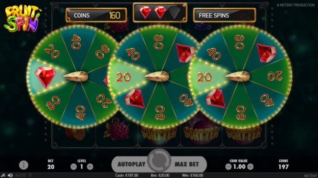 Collect 3 red diamonds during the Lucky Wheel Feature in order to win Free Spins feature.