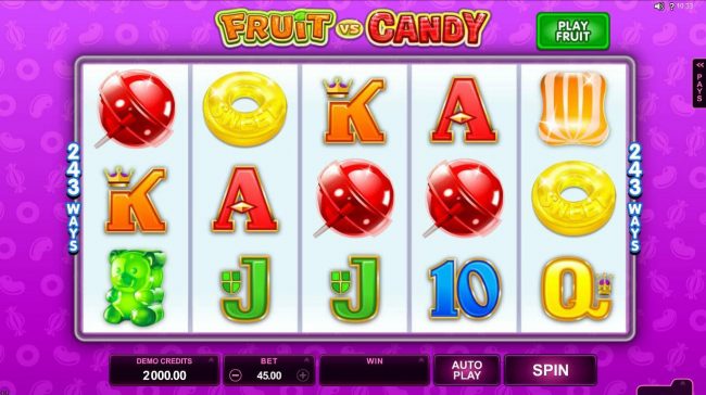 A sweet treat themed main game board featuring five reels and 243 winning combinations with a $97,000 max payout