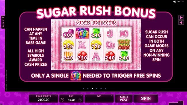 Sugar Bush Bonus - Can happen at any time in base game. All high symbols award cash prizes. Sugar Rush can occur in both game modes on any non-winning spin.