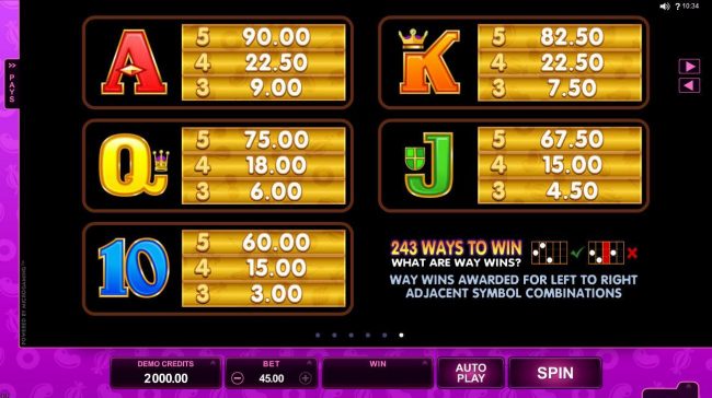 Low value game symbols paytable.