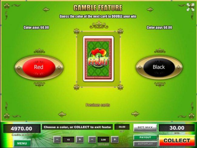 Gamble Feature - To gamble any win press Gamble then select Red or Black.