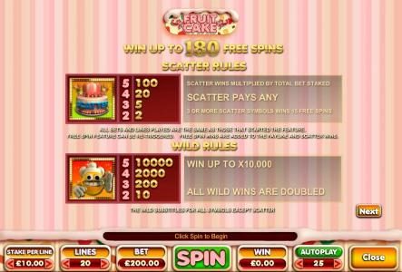 Scatter and wild symbols rules and paytables. Win up to 180 free spins. Win up to x10,000