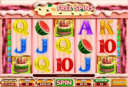 Three cake scatter symbols triggers the free spins feature.