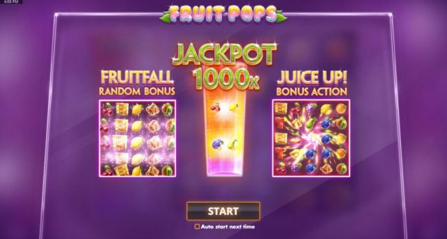 Game feature include: Fruitfall Random Bonus, Jackpot 1000x and Juice Up Bonus Action!
