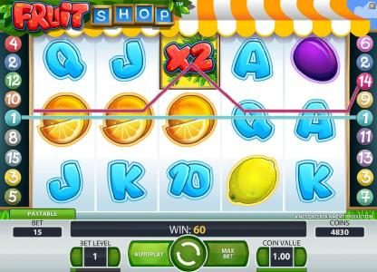 multiple winning paylines triggers a 60 coin jackpot and 4 free spins