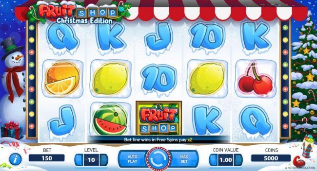 Main game board themed around frozen fruit, featuring five reels and 15 paylines with a $80,000 max payout