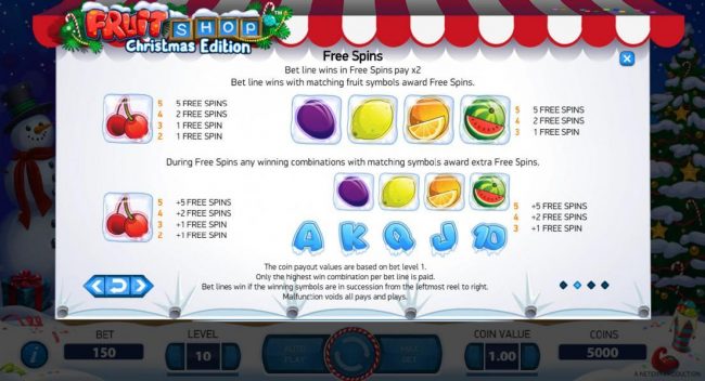 Free Spins - Bet line wins in Free Spins pay x2. Bet line wins with matching fruit symbols award free spins. During Free Spins any winning combinations with matching symbols award extra Free Spins.