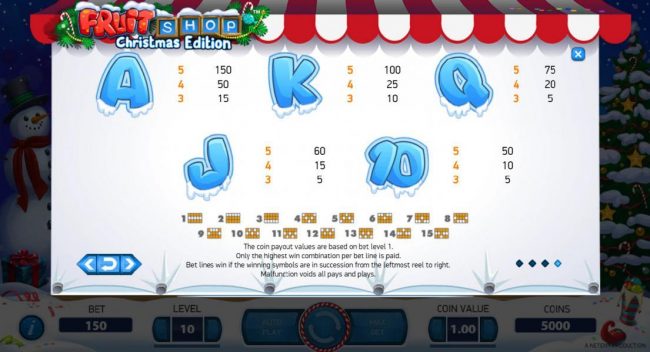 Low value game symbols paytable and payline diagrams 1-15