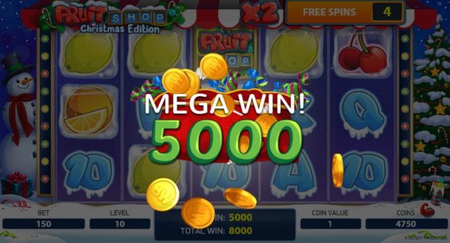 A four of a kind leads to a 5000 coin mega win during free spin play!