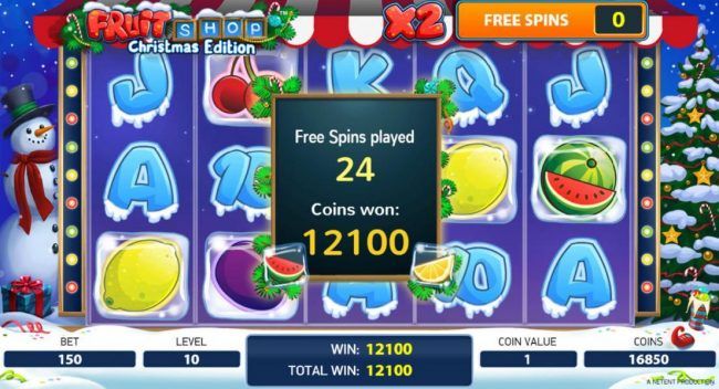 After playing 24 free spin games, a total payout of 12,100 coins is awarded for a super big win!