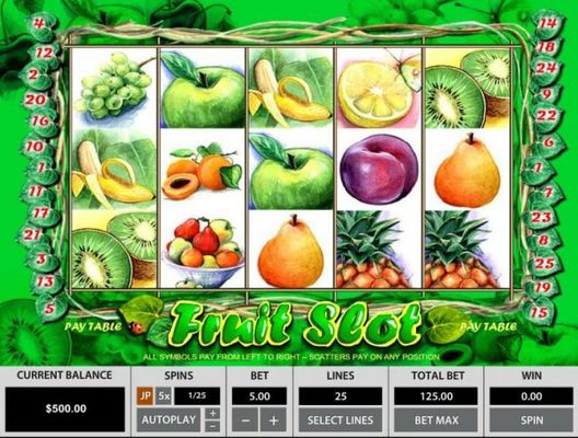 Main game board featuring five reels and 25 paylines with a $25,000 max payout
