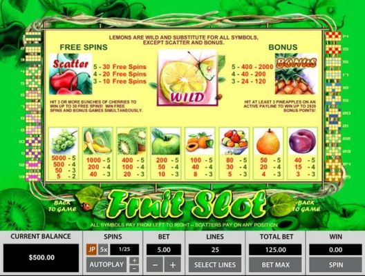 Scatter, Wild, Bonus and slot game symbols paytable.