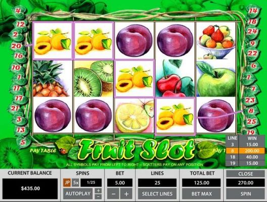 Four peach symbols on an active payline awards a 200.00 laine pay.