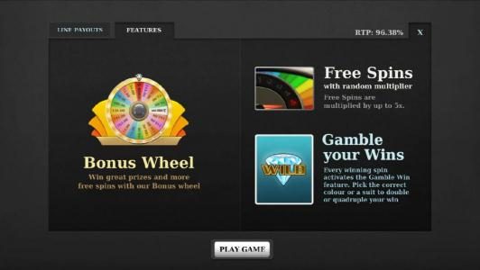 bonus features - bonus wheel, free spins and gamble your wins