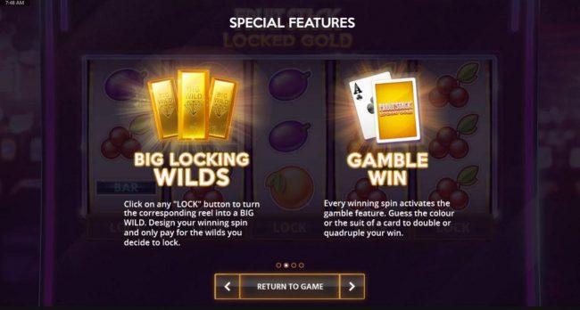 Click on any LOCK button to turn the corresponding reel into a Big Wild. Every winning spin activates the Gamble Feature.
