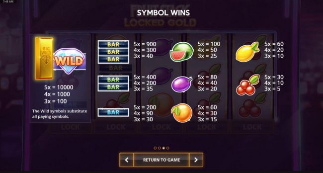 Slot game symbols paytable.