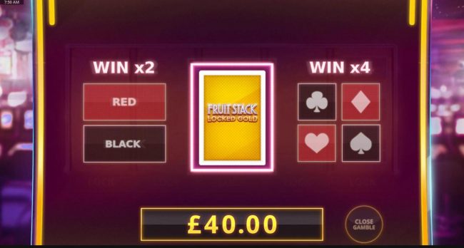 Gamble feature game board is available after every winning spin. For a chance to increase your winnings, select the correct color or suit of the next card or take win.