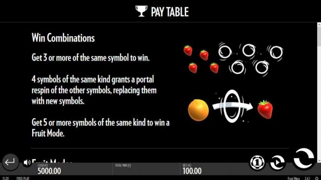 Win Combinations - Get 3 or more of the same symbol to win. 4 symbols of the same kind grants a portal respin of the other symbols, replacing them with new symbols. Get 5 or more symbols of the same kind to win a Fruit Mode.
