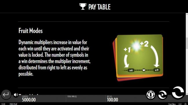 Dynamic multipliers increase in value for each win until they are activated and their value is locked. The number of symbols in a win determines the multiplier increment, distributed from right to left as evenly as possible.