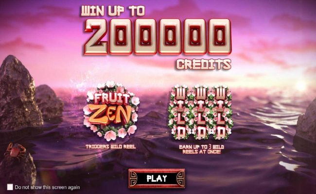 Win Up To 200000 credits! Fruit Zen game logo triggers wild reel. Earn up to 3 wild reels at once!