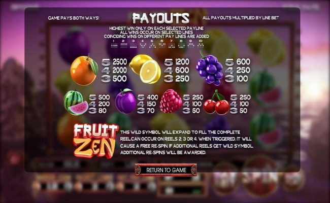 Slot game symbols paytable and Payline Diagrams 1-10. Game pays both ways.