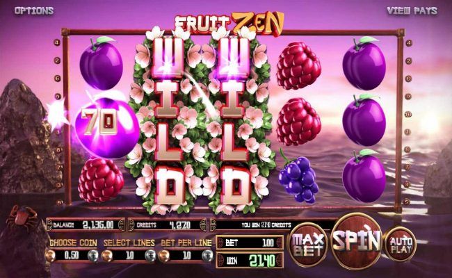 A pair of Fruit Zen expanded wilds triggers an awesome 2140 jackpot win!