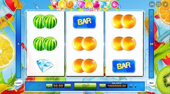 A fruit themed main game board featuring three reels and 5 paylines.