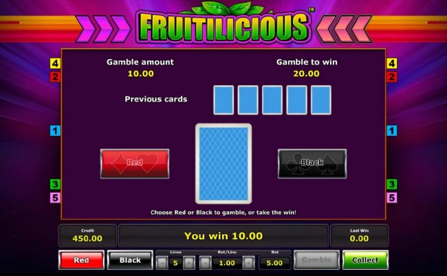 Gamble feature game board is available after every winning spin. For a chance to increase your winnings, select the correct color of the next card or take win.