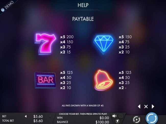 High value slot game symbols paytable.